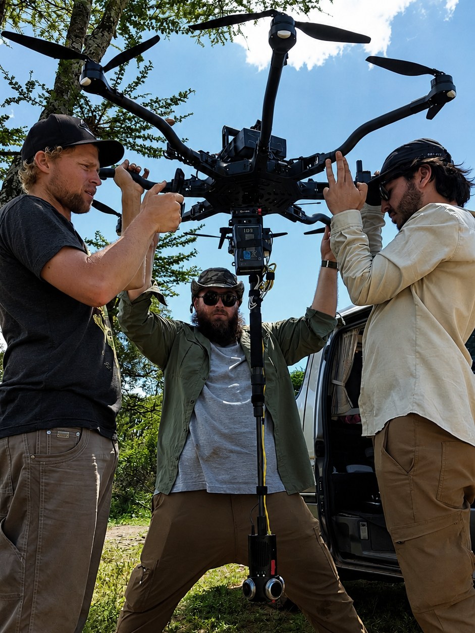 Idea Studio crew preparing the Freefly Alta 8 drone on location in Uganda