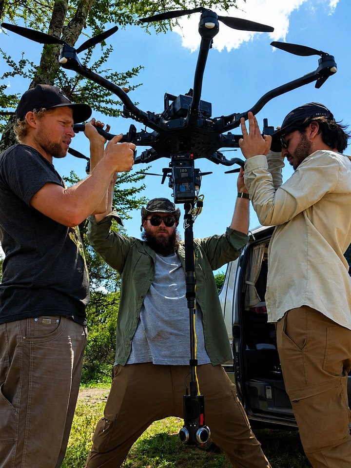 Idea Studio crew preparing the Freefly Alta 8 drone on location in Uganda