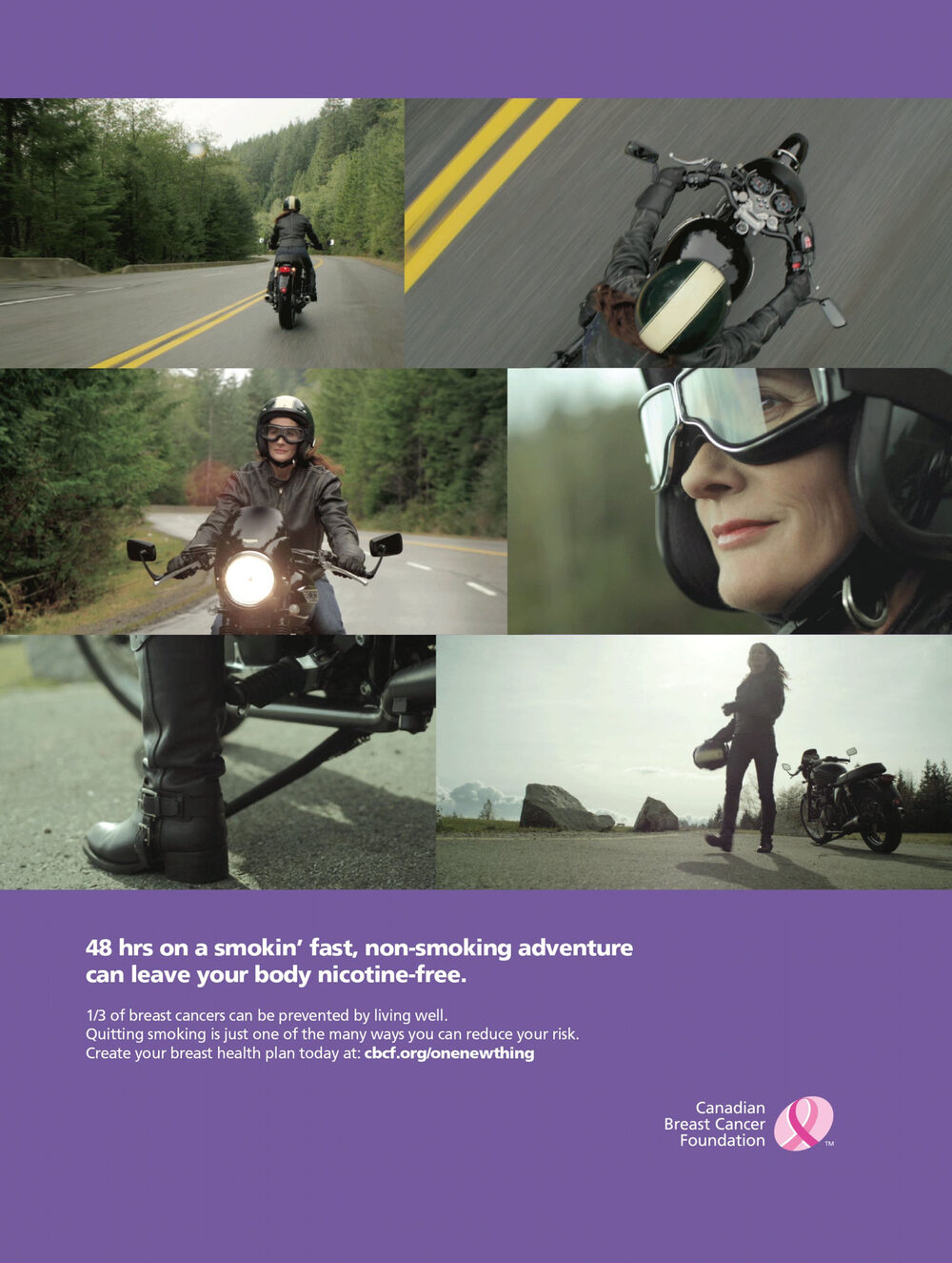 Print ad: a woman on a motorcycle road trip, headline about 48 hours leaving your body nicotine-free