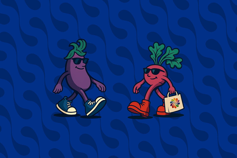 Two Flavour Harvest characters, an eggplant and a radish, strolling with a Flavour Harvest bag