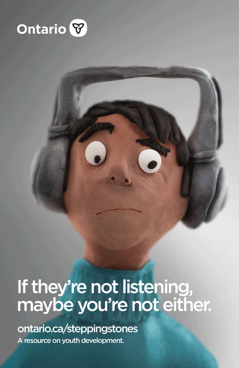 Stepping Stones poster: a clay youth wearing headphones, with the headline if they're not listening, maybe you're not either