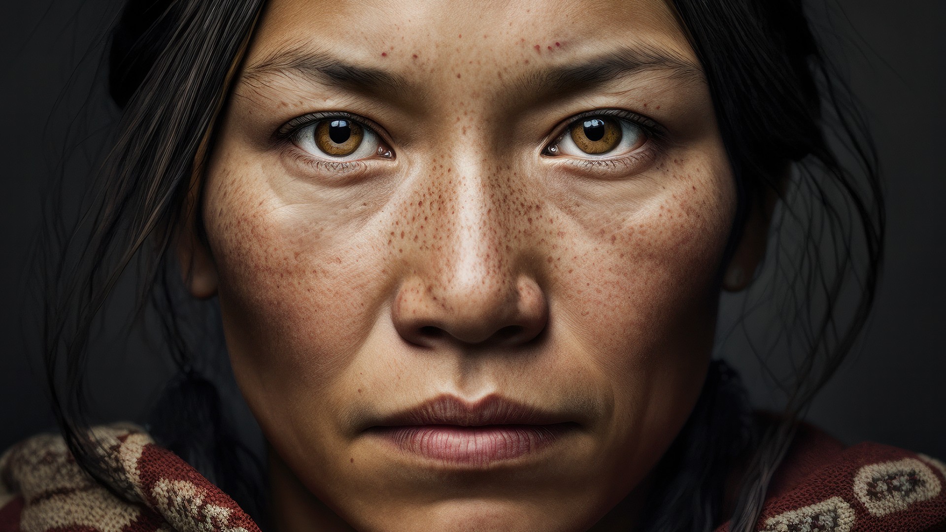 A woman staring directly into the camera, one of twenty AI-generated portraits from the UN Women gender equality campaign
