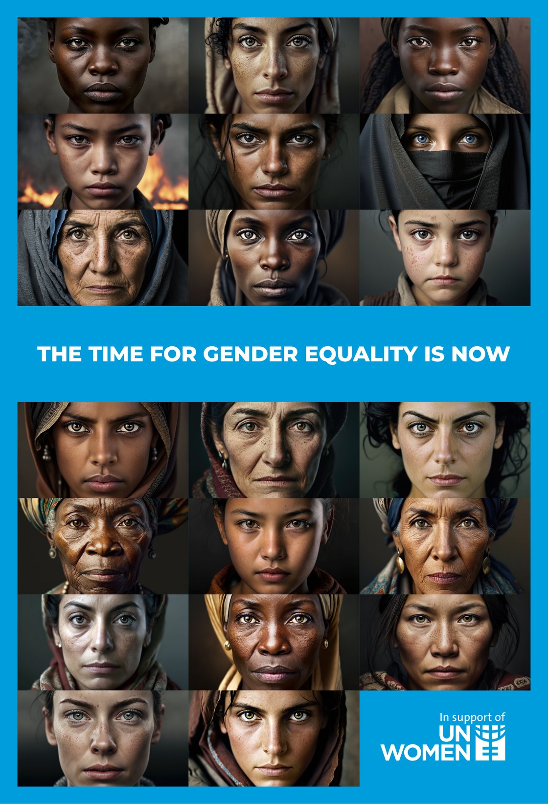 The full UN Women campaign poster: a grid of twenty AI-generated portraits beneath the headline The Time for Gender Equality Is Now, in support of UN Women